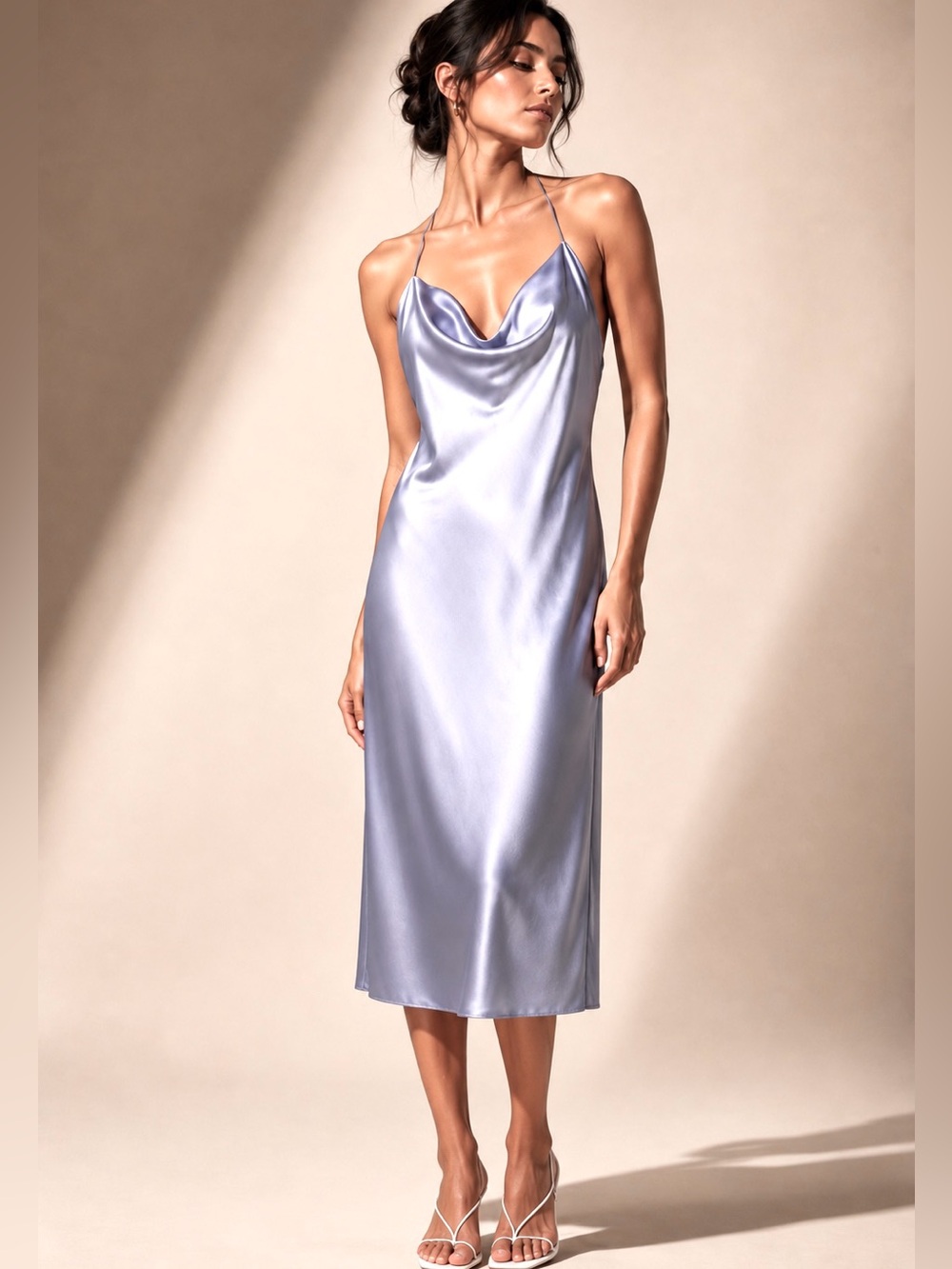 Filippa K Draped Slip Midi Dress Faded Blue Silk Blend Cowl Neck NWOT Size 44